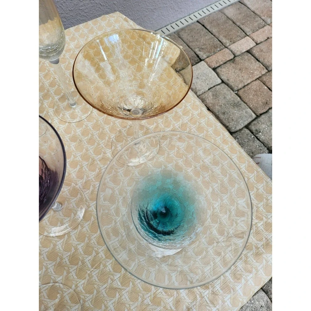 Pier 1 Multicolor Crackle & Dotted Martini/Champange Glass Barware Set of 6